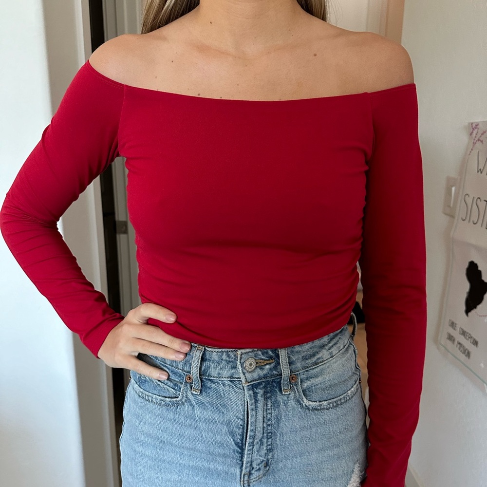 Hollister Red Off-Shoulder Long Sleeve Top